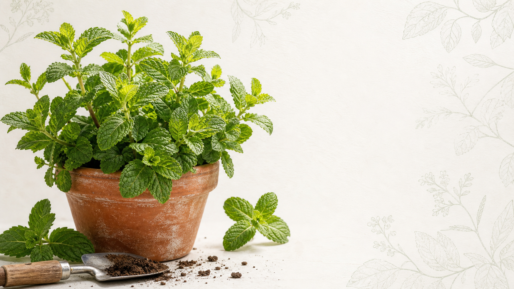 A healthy mint plant growing in a terracotta pot beside a small trowel