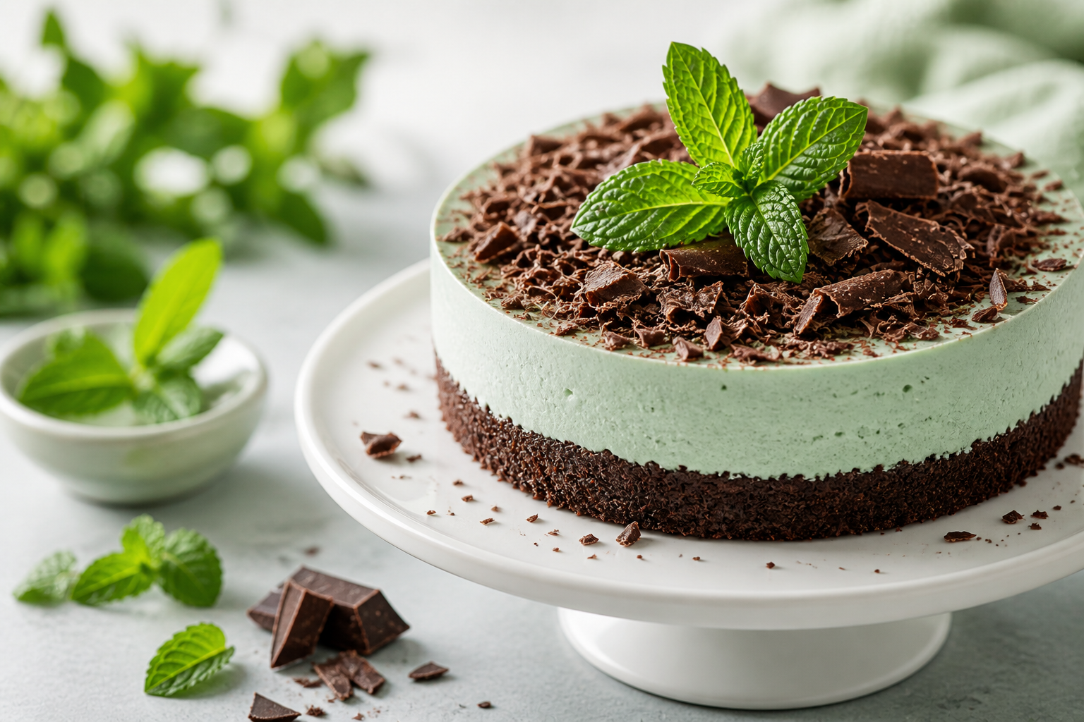 Chocolate mint cake with fresh mint garnish