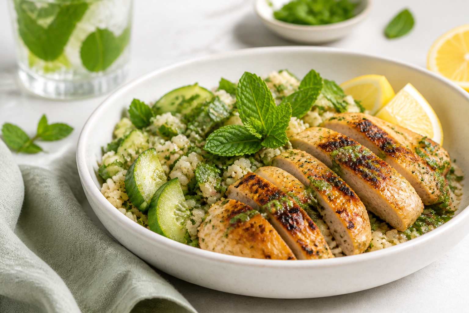 Grilled chicken with herbed grains, cucumber, lemon, and mint