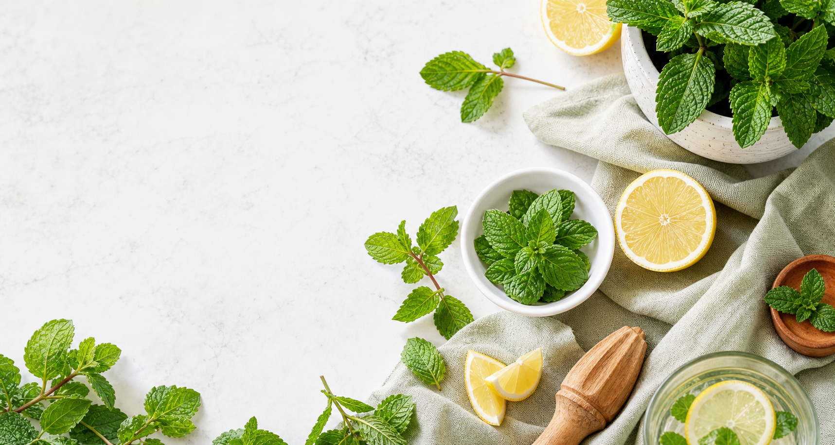 Fresh mint, lemon, and a ceramic bowl arranged on a pale recipe surface